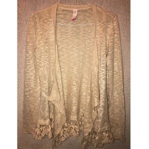 Dark beige cardigan with lace details at bottom